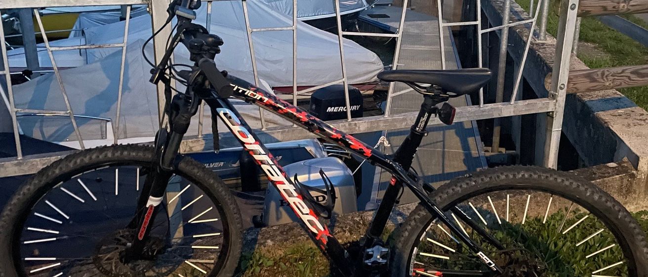 Ein schwarz-roter Fahrrad steht auf dem Rasen in der Nähe eines Metallzauns, mit Booten und Häusern im Hintergrund.