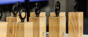 Several wooden trophies with black gear-like tops are displayed on a white surface. Each trophy has a black gear on top, and the wooden base has engravings.