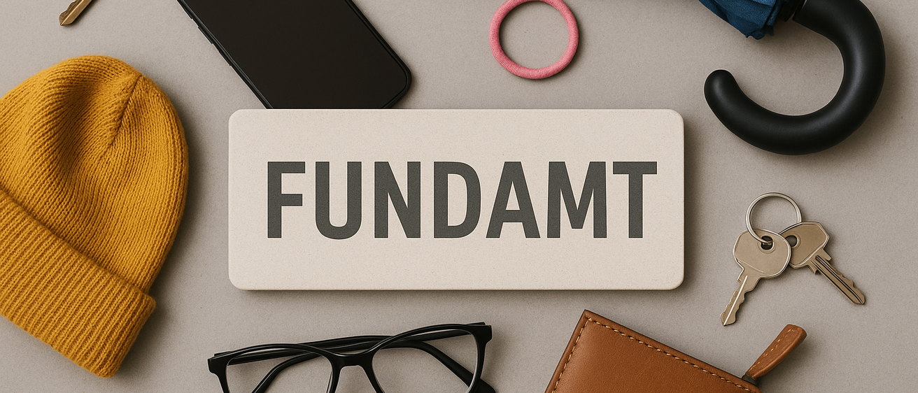 Das Wort Fundamt wird auf einem weißen Hintergrund angezeigt. In der Nähe befinden sich ein Smartphone, eine Brille, Schlüssel, ein Portemonnaie, eine Mütze, ein Armband und ein Regenschirm.