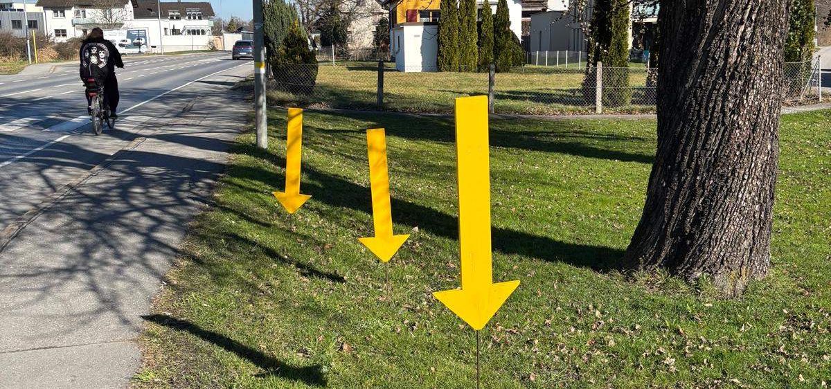 Ein Radfahrer fährt auf einem Bürgersteig mit drei gelben Pfeilen, die nach oben zeigen. Der Bürgersteig grenzt an einen Rasenbereich mit einem großen Baumstamm. Im Hintergrund sind Gebäude und Straßenlaternen zu sehen.