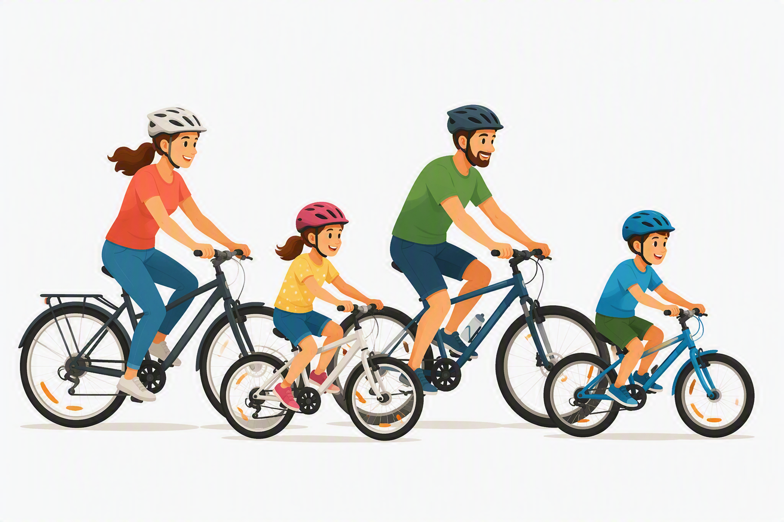 Eine vierköpfige Familie fährt auf Fahrrädern. Die Erwachsenen sind vorne, die Kinder dahinter. Sie tragen alle Helme und scheinen zu lächeln. Der Hintergrund ist weiß.