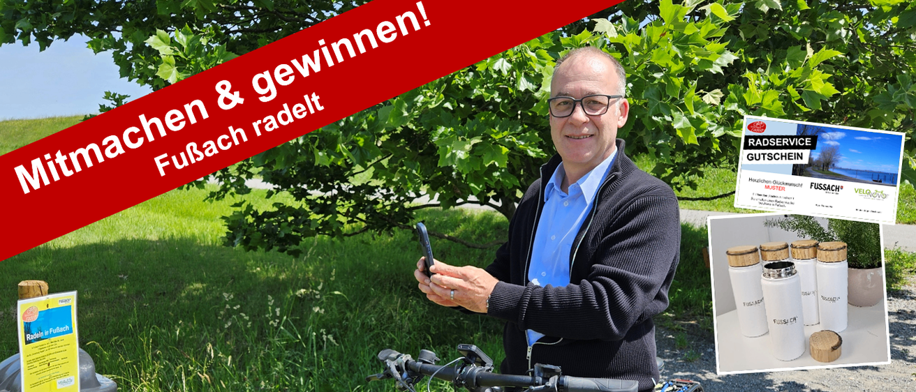 Ein Mann, der ein Handy in einem Feld hält, mit Text, der '& gewinnen! nach radelt' lautet. Er lächelt und schaut in die Kamera.