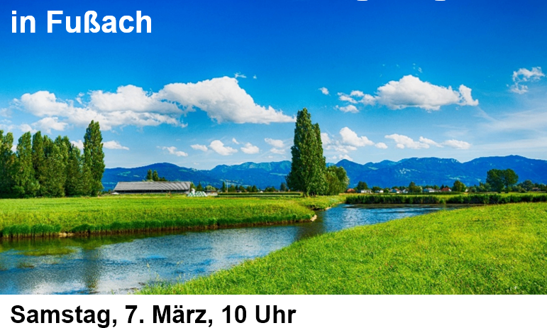Plakat für eine Landschaftsreinigungsveranstaltung in Fubach, geplant für Samstag, 7. März, um 10 Uhr. Das Bild zeigt eine friedliche Landschaft mit einem Fluss, Bergen und üppigem Grün. Begleiten Sie uns bei der Veranstaltung, um unsere schöne Fusacher Natur zu erhalten.