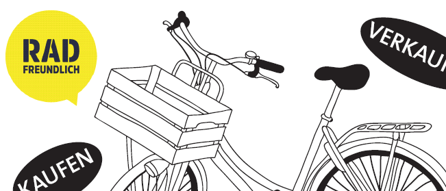 Eine Schwarz-Weiß-Illustration eines Fahrrads mit einem Korb vorne. Es zeigt die Wörter 'RAD FREUNDLICH' und 'KAUFEN' in Sprechblasen. Der Text 'Fahrradbasar' ist prominent über dem Fahrrad angezeigt. Das Bild bewirbt einen Fahrradbasar.