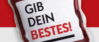 A plastic bag with red liquid inside, labeled 'Gib Dein Bestes!' on a white label, against a red and white background.