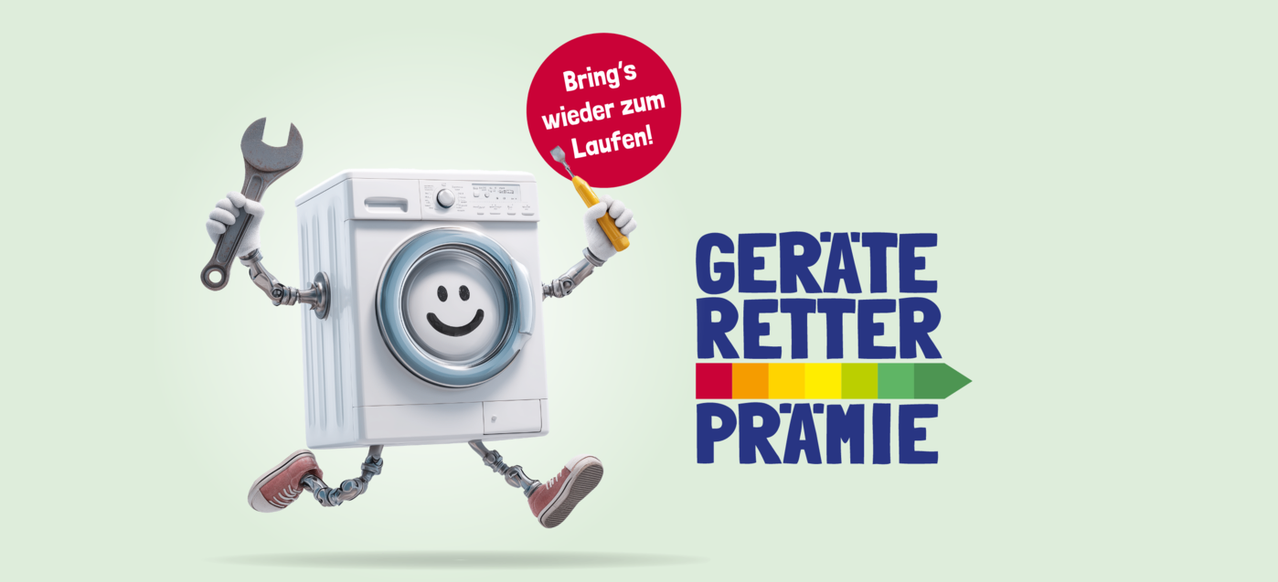 Eine animierte Waschmaschine mit einem lächelnden Gesicht hält einen Schraubendreher. Sie hat roboterartige Arme und Beine. Ein roter Kreis hat den Text Bring's wieder zum Laufen! mit einem Schraubendreher. Der Text GERÄTE RETTE PRÄMIE ist in Blau geschrieben.