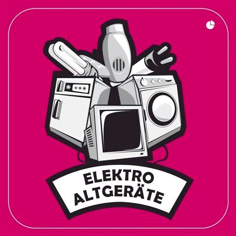 Das Bild zeigt eine Karikatur eines humanoiden Roboters, der verschiedene elektronische Geräte hält. Die Worte 'Elektro Altgeräte' sind darunter auf einem weißen Banner vor einem rosa Hintergrund geschrieben.