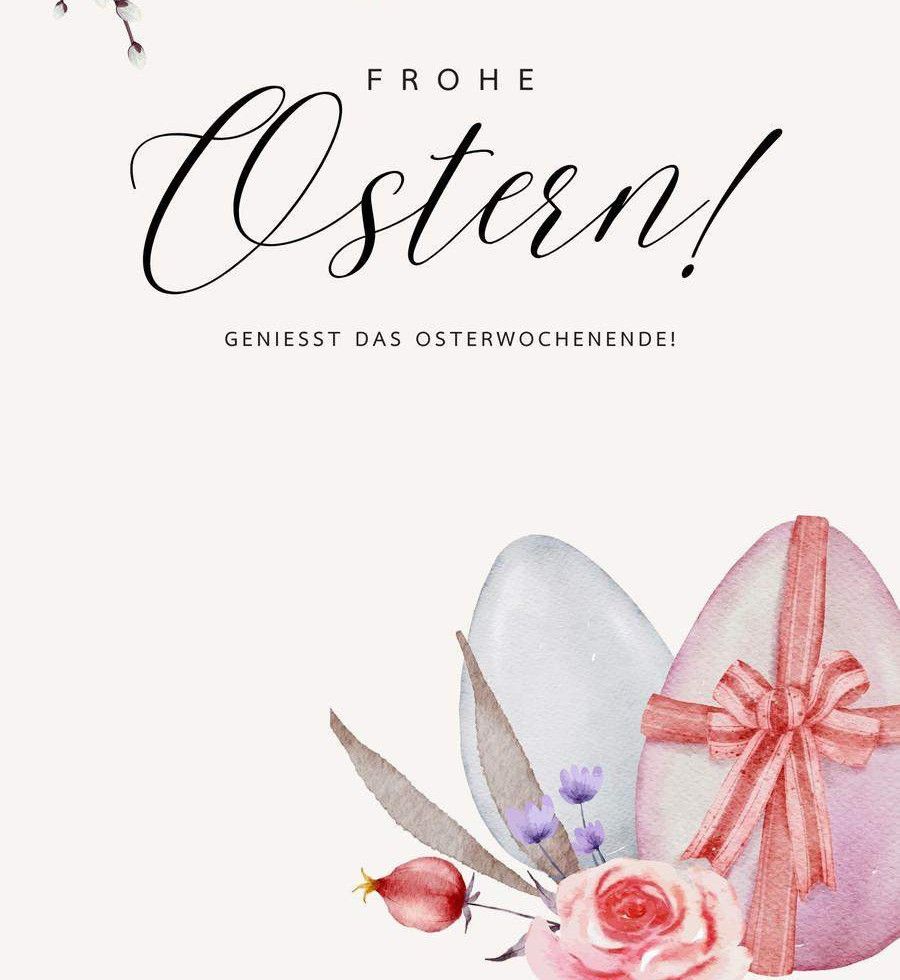 Eine Osterkarte mit einer Blumenanordnung, zwei Ostereiern, eines mit einem Band dekoriert, und der Text 'Frohe Ostern!' oben.