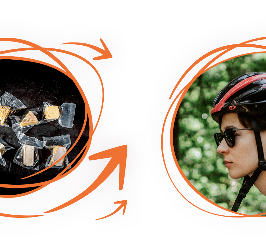 Ein Bild zeigt verpackten Käse links und einen Radfahrer rechts. Der Radfahrer trägt einen Helm und eine Sonnenbrille.