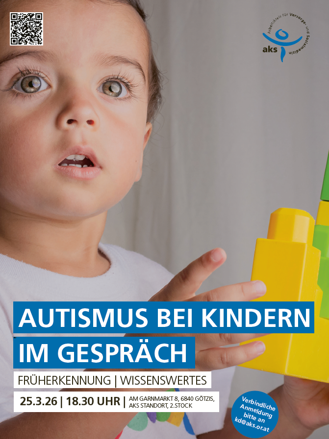 Ein Plakat mit einem Kind, das einen gelben Baustein hält. Der Text lautet 'Autismus bei Kindern im Gespräch'. Details umfassen Zeit und Ort: 25, 26, 18:30, Garnmarkt 8, Gotz.