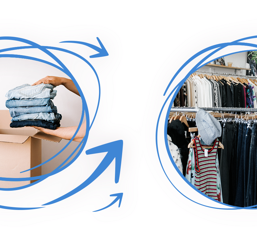 A hand holds a stack of folded jeans over a cardboard box, with arrows pointing to a clothing store on the right.