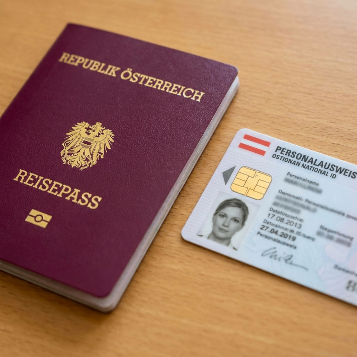 A passport and an Austrian national ID card are placed on a wooden table. The passport is burgundy with gold text, and the ID card is white with a photo and personal information.