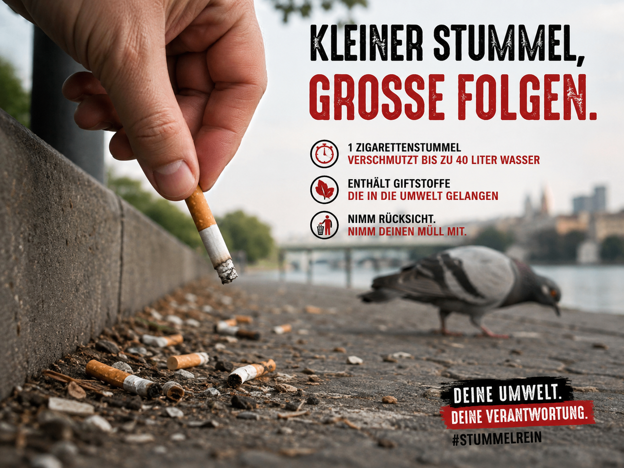 A hand holding a cigarette butt, with text overlaying about the environmental impact of cigarette butts. A pigeon is shown nearby, with a message to take responsibility for littering.
