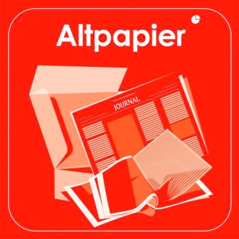 An illustration of a journal with the word 'Altpapier' in white on a red background. The journal is open, with pages spread out, and there is a small envelope nearby.