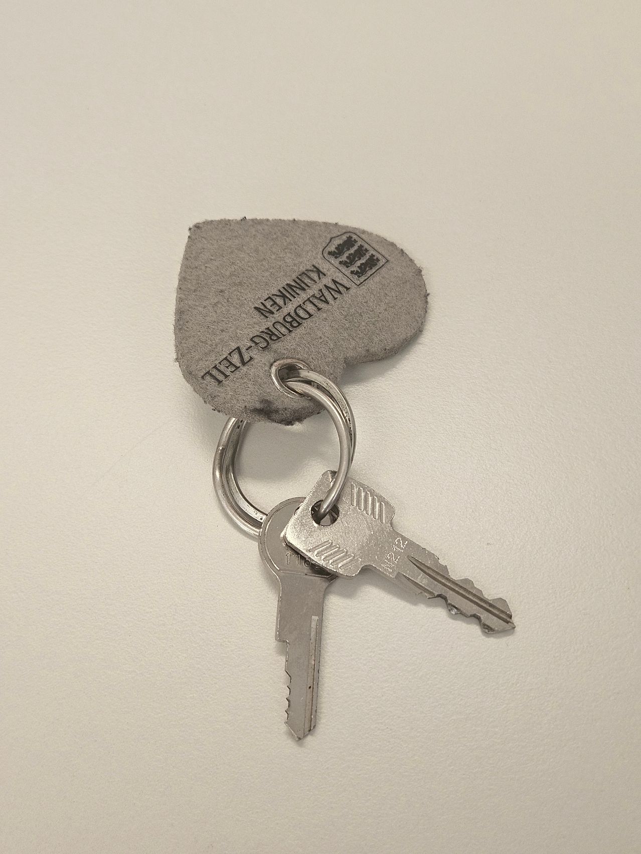 A keychain with a gray heart-shaped tag that reads 'THE UNIVERSITY OF MICHIGAN'. Two silver keys are attached to the keychain.