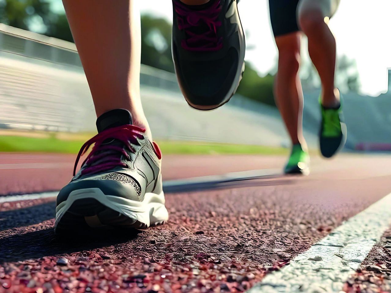 Two runners in sneakers are jogging on a red track, with one runner's foot in mid-air.