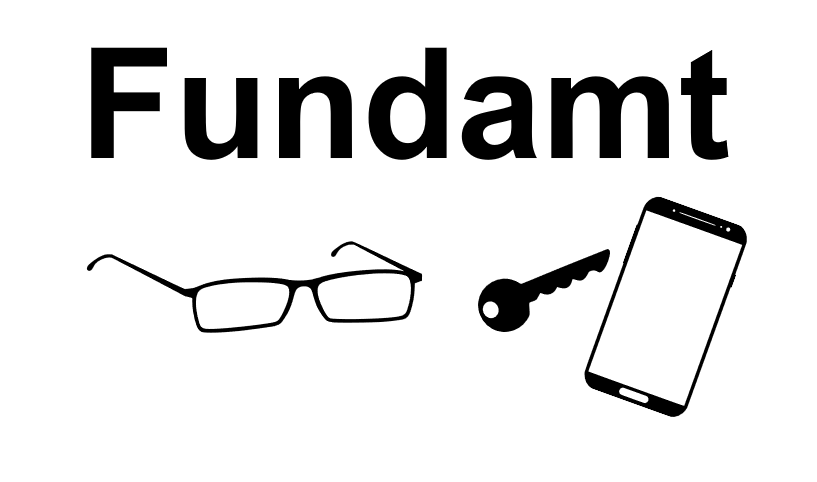 Schwarz-weiß-Bild zeigt das Wort 'Fundamt' mit einer Illustration von Brille, Schlüssel und Smartphone.