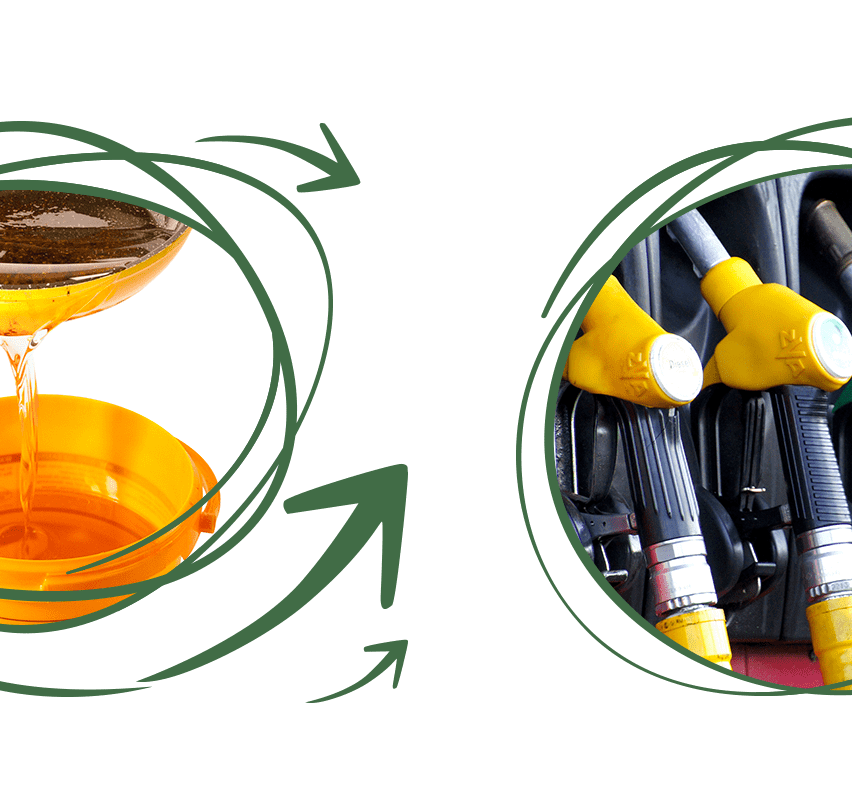 Ein Kraftstoffkanister wird mit einer gelben Flüssigkeit, wahrscheinlich Diesel, aus einem Zapfhahn gefüllt, wobei Pfeile darauf zeigen.