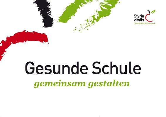 Ein Poster mit den Worten 'Gesunde Schule gemeinsam gestalten' in fetter schwarzer Schrift, mit einem grünen Apfel und einem roten Apfel auf der linken Seite.
