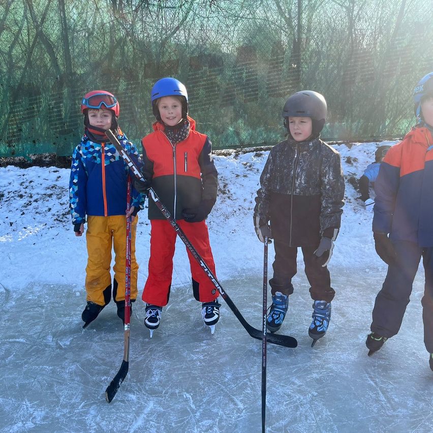 Four children dressed in winter gear are standing on an ice rink. Each child holds a hockey stick, and they are all wearing helmets. Snow is visible around them.