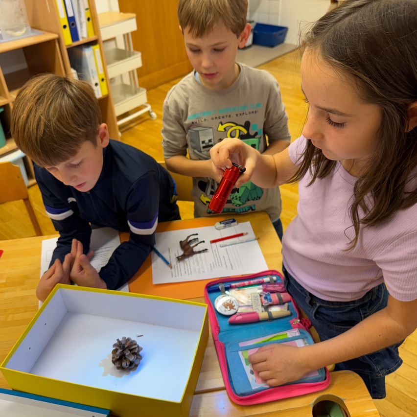 Three children are working on a project together at a table, with one girl using a magnifying glass to examine a pine cone.