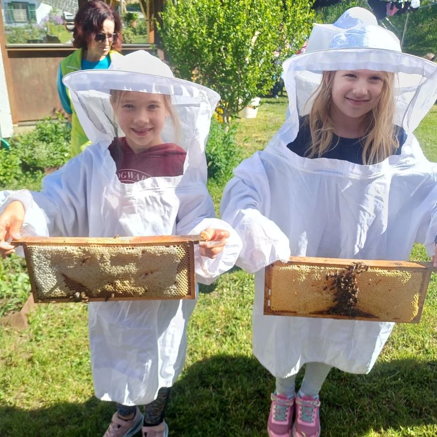 Zwei junge Mädchen in Imkeranzügen halten ein Bienenwaben-Paneel mit Bienen darauf hoch. Sie lächeln und scheinen sich in einem Garten zu befinden.