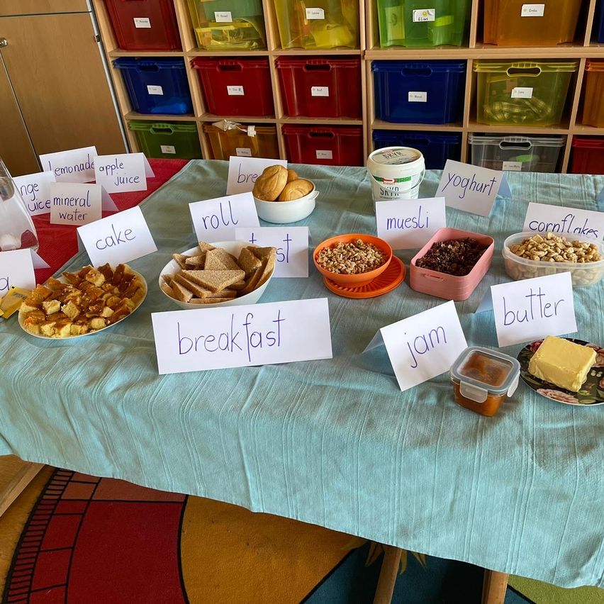 Ein Tisch mit verschiedenen Frühstücksnahrungsmitteln, darunter Brot, Müsli, Obst und Joghurt. Jedes Lebensmittel hat ein Schild mit seinem Namen.