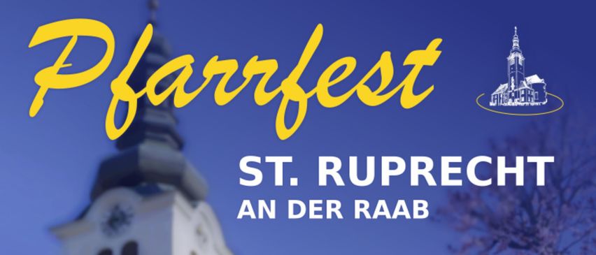 Plakat für eine Kirchenveranstaltung, St. Ruprecht, mit einem Kirchturm, einer Uhr und einem Menü mit Kuchen und Torten. Datum ist der 7. September 2025 um 9:30 Uhr.