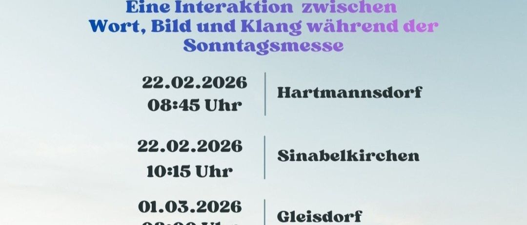 Ein Poster bewirbt Klangerlebnis in der Fastenzeit mit einer Person, die an einem Strand läuft. Veranstaltungen an verschiedenen Orten und Terminen geplant.