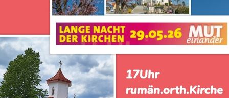 Das Bild zeigt eine Veranstaltungsankündigung für die Lange Nacht der Kirchen. Es enthält ein Bild einer Kirche, das Datum 29.05.26 und die Zeit 17 Uhr.