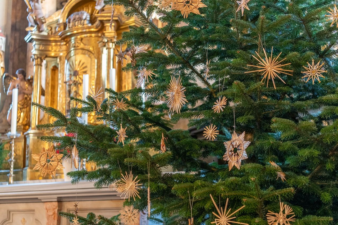 Ein großer Weihnachtsbaum, geschmückt mit goldenen Sternen, hängt in einer Kirche mit einem kunstvollen goldenen Altar im Hintergrund.
