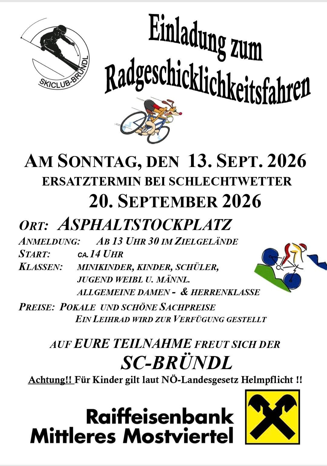 Poster for a cycling event on September 13, 2026, with a backup date of September 20, 2026. Registration starts at 1:30 PM, with the race starting at 2 PM. Various classes are available for boys and girls, with prizes and a rental bike provided. Helmets are mandatory for children.