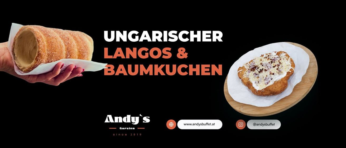 Werbung für Andy's Garten mit ungarischen Langos und Baumkuchen. Die Anzeige zeigt ein Bild des Gerichts und einen Link zur Website.