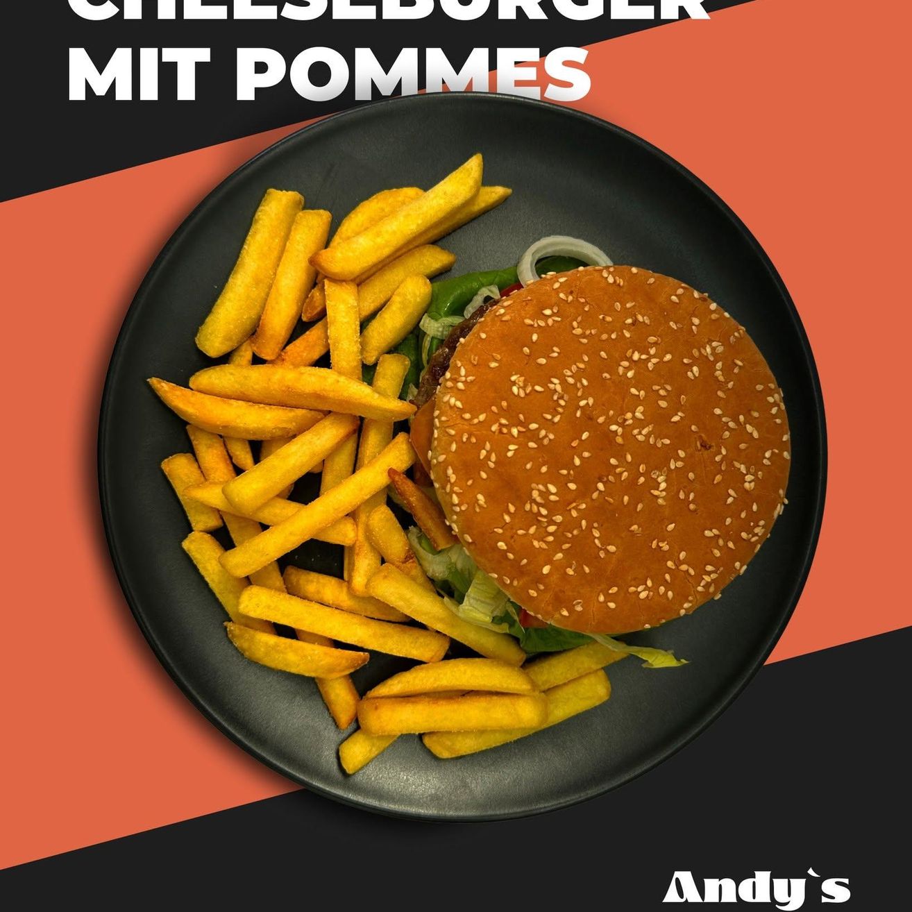 Ein schwarzer Teller mit einem Cheeseburger und Pommes. Der Burger hat ein Sesambrötchen und ein Stück Käse. Die Pommes sind goldbraun. Der Teller hat einen roten und schwarzen Rand.