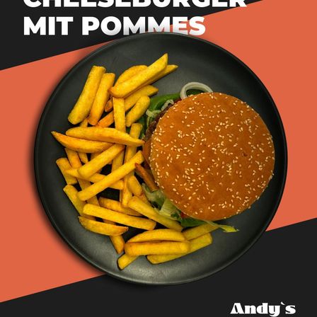 Ein schwarzer Teller mit einem Cheeseburger und Pommes. Der Burger hat ein Sesambrötchen und ein Stück Käse. Die Pommes sind goldbraun. Der Teller hat einen roten und schwarzen Rand.
