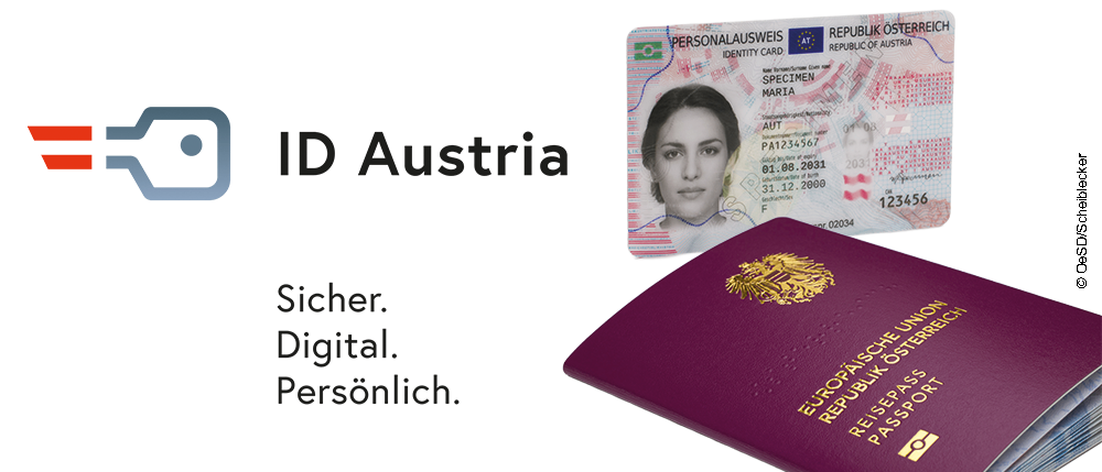 Ein österreichischer Ausweis und ein Reisepass werden gezeigt. Der Ausweis zeigt 'Personalausweis' und 'Republik Osterreich'. Der Pass hat 'Europaische Union' und 'Republik Osterreich' darauf. Das Bild ist auf weißem Hintergrund.
