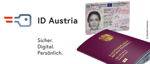 An Austrian ID card and passport are displayed. The ID card reads 'Personalausweis' and 'Republic of Austria'. The passport has 'Europaische Union' and 'Republik Osterreich' on it. The image is on a white background.