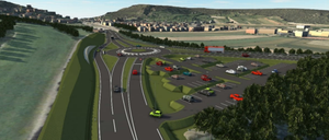 Eine Luftaufnahme einer Autobahn mit mehreren Spuren, Fahrzeugen und einem Kreisverkehr. Die Landschaft umfasst Grünflächen, Berge und eine Stadt in der Ferne.