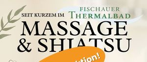 Werbeposter für Massage- und Shiatsu-Dienstleistungen mit 25% Rabatt. Enthält Informationen zur Online-Buchung. Mit QR-Code für einfachen Zugriff.