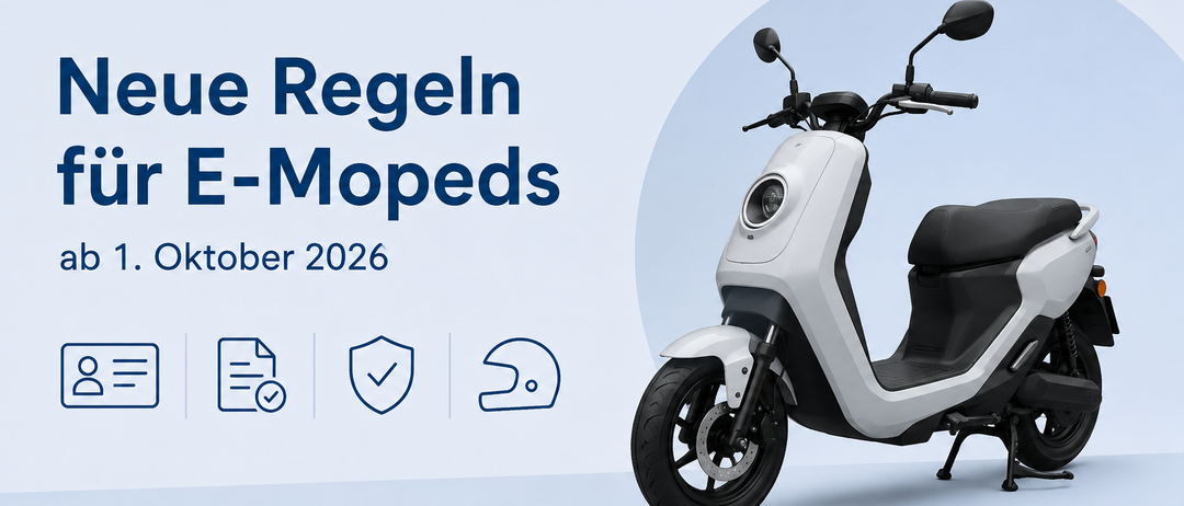 Eine Werbung für E-Roller-Vorschriften im Oktober 2026 mit einem weißen Elektroroller und Symbolen für Dokumente, Sicherheit und einen Helm.