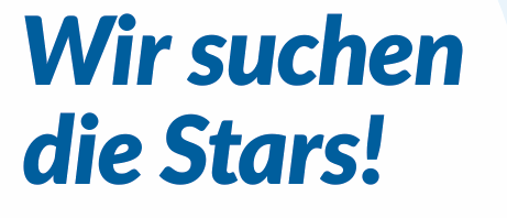 Poster advertising 'Wir suchen die Stars!' with a star trophy on a wooden base. The poster promotes the recognition of the best family-friendly initiatives.