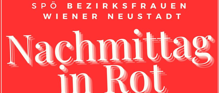 Plakat für die Veranstaltung 'Nachmittag in Rot' am 9. August 2025 von 15:00 bis 20:00 im Schloss Fischau in Bad Fischau-Brunn. Das Programm umfasst eine Modenschau um 16:00 Uhr, Verkauf von Frauen für Frauen und ein Kinderprogramm um 18:00 Uhr. Zeigt einen Sänger auf der Bühne.