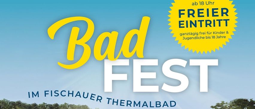 Ein Plakat für das 'Bud Fest' im Fischauer Thermalbad am 23. August. Es zeigt ein Foto eines Pools, Live-Musik und einen Schwimmwettbewerb.