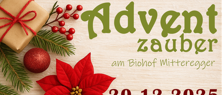 Christmas magic event at Mitteregger Biohof. Date: December 20, 2025, starting at 9 AM. Features mulled wine, regional beer, Christmas baking, crafts, and recycled candles. Ends at 4 PM.