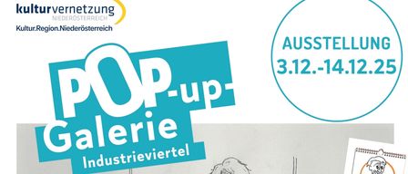 Plakat für eine Pop-up-Galerie mit einer Zeichnung eines Mannes und einer Frau auf einer Schaukel. Die Veranstaltung von Alfred Vorisek läuft vom 3. bis 14. Dezember. Das Poster enthält einen Kalender für 2026.