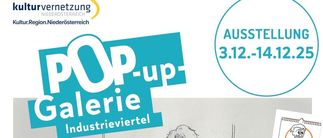 Plakat für eine Pop-up-Galerie mit einer Zeichnung eines Mannes und einer Frau auf einer Schaukel. Die Veranstaltung von Alfred Vorisek läuft vom 3. bis 14. Dezember. Das Poster enthält einen Kalender für 2026.