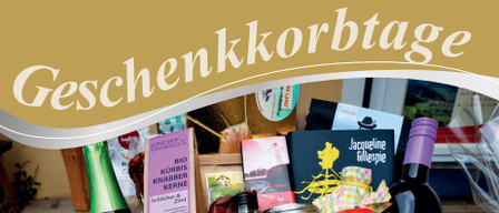 Ein Plakat für Geschenkkorbtage, das verschiedene Geschenkkörbe zeigt. Das Plakat enthält eine Liste von Artikeln wie Wein, Marmeladen und Büchern. Es gibt auch Öffnungszeiten und eine Frist für Bestellungen. Das Datum ist der 19. und 20. Dezember 2025.