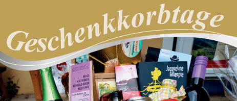 Ein Plakat für Geschenkkorbtage, das verschiedene Geschenkkörbe zeigt. Das Plakat enthält eine Liste von Artikeln wie Wein, Marmeladen und Büchern. Es gibt auch Öffnungszeiten und eine Frist für Bestellungen. Das Datum ist der 19. und 20. Dezember 2025.