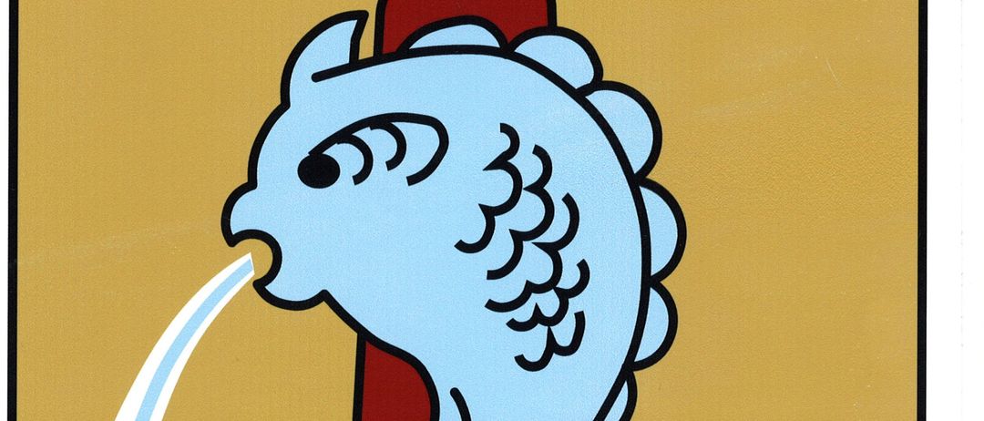 Eine Illustration zeigt einen blauen Fisch in Form einer Fontäne, der Wasser nach oben sprüht. Der Hintergrund ist golden, und das Wasser ist blau.