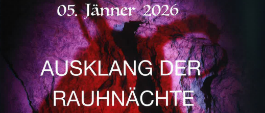 Plakat für eine Veranstaltung mit dem Titel 'AUSKLANG DER RAUHNACHT' am 5. Jänner 2026, mit einer dämonischen Figur. Die Veranstaltung beginnt um 16.00 Uhr am Hauptplatz von Bad Fischau-Brunn. Organisiert vom Brauchtumsverein.